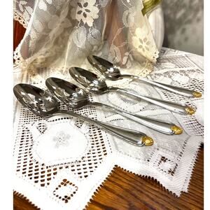 Pfaltzgraff 18/8 Stainless Set of 4 Slotted Spoons Gold Tip Brand New in Pack